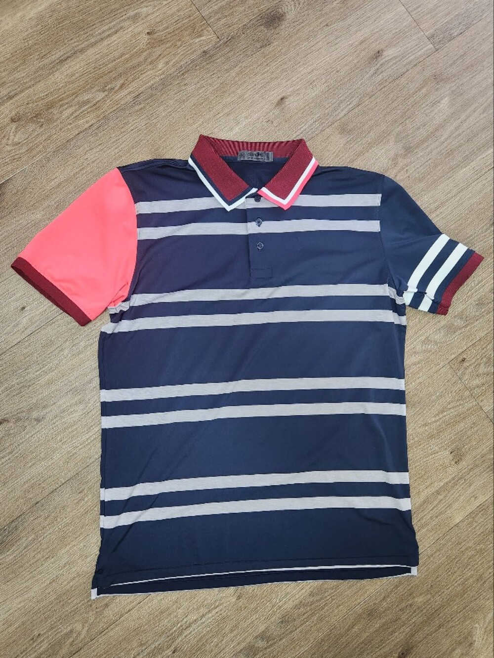G/FORE Variegated Stripe Tech Jersey Golf Polo Shirt Navy Pink Size L